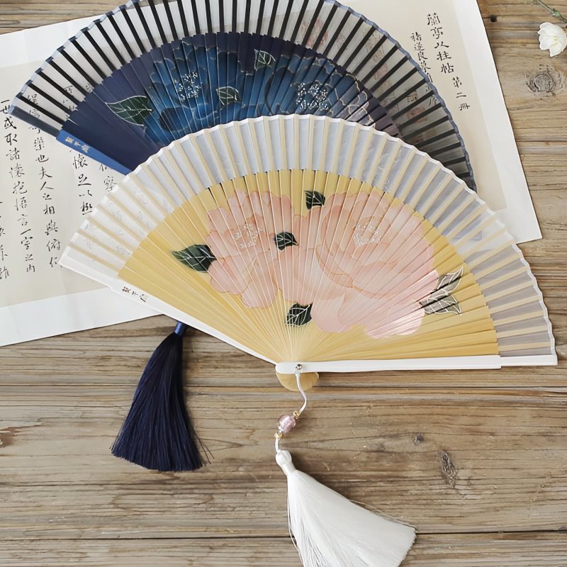 Silk Peony Folding Fan with Bamboo Frame Silk Peony Folding Fan with Bamboo Frame
