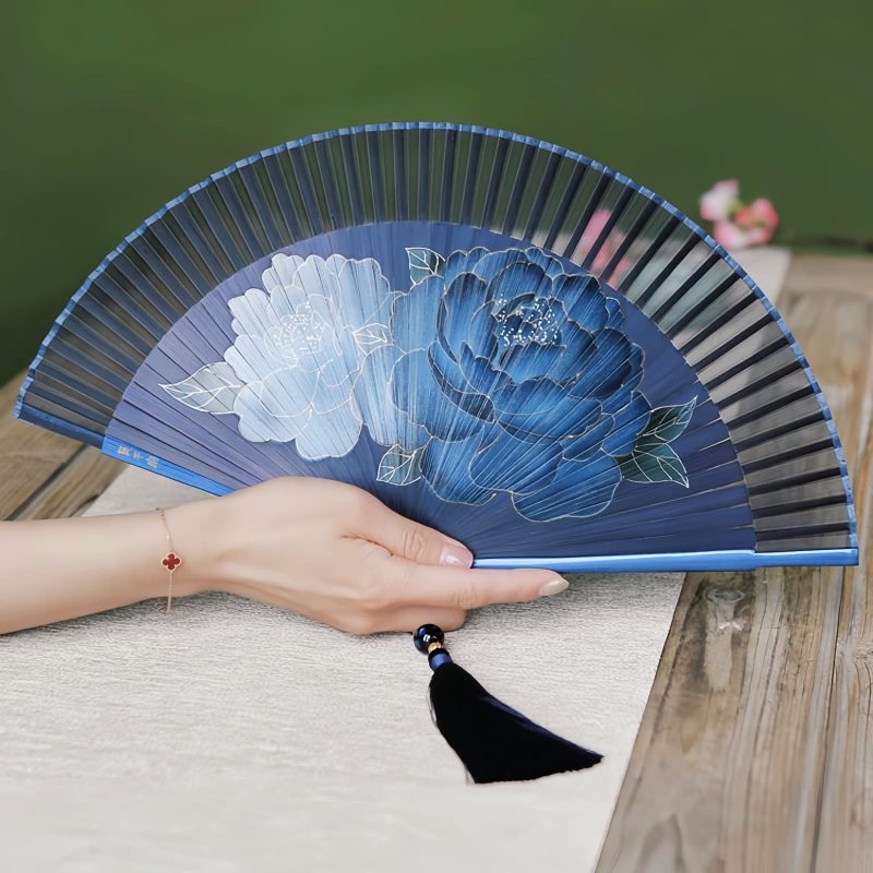 Silk Peony Folding Fan with Bamboo Frame Silk Peony Folding Fan with Bamboo Frame