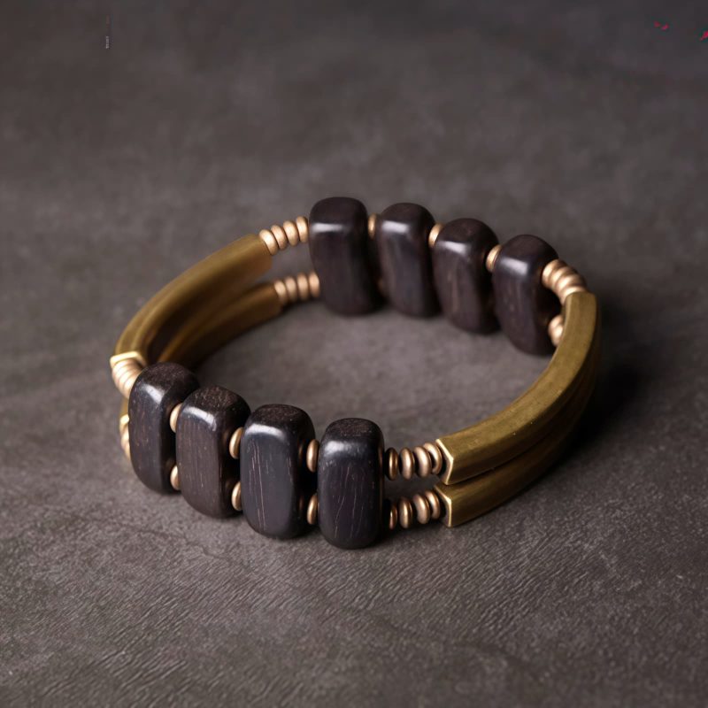 Tibetan Ebony Wood Copper Double Layer Bracelet Tibetan Ebony Wood Copper Double Layer Bracelet