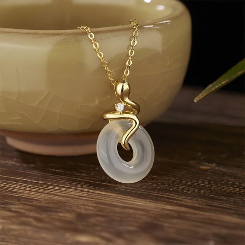 925 Silver Snake Year Chalcedony Peace Pendant Necklace