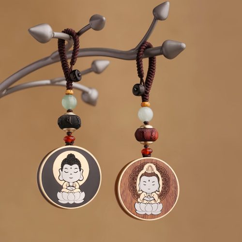Ebony Wood Avalokitesvara Keychain with Om Mani Padme Hum