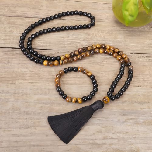 Colar Tibetano de Proteção em Ônix Negra e Olho de Tigre