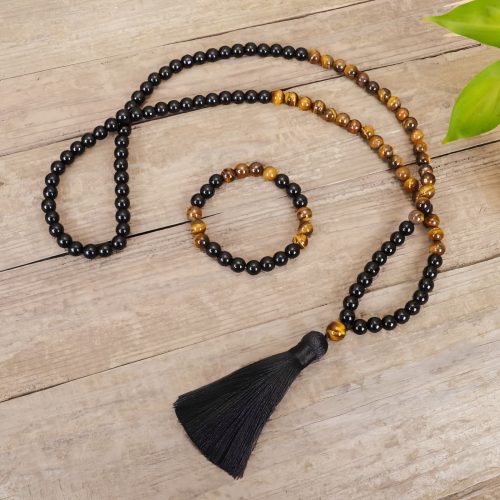 Colar Tibetano de Proteção em Ônix Negra e Olho de Tigre