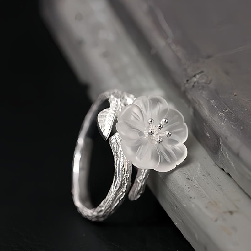 925 Silver Adjustable Healing Ring with White Crystal Skeleton Flower 925 Silver Adjustable Healing Ring with White Crystal Skeleton Flower