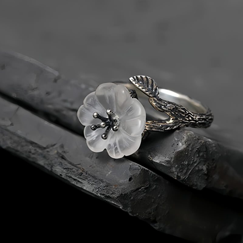 925 Silver Adjustable Healing Ring with White Crystal Skeleton Flower 925 Silver Adjustable Healing Ring with White Crystal Skeleton Flower