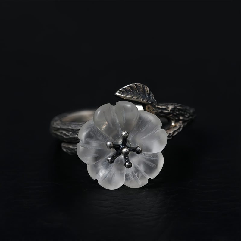 925 Silver Adjustable Healing Ring with White Crystal Skeleton Flower 925 Silver Adjustable Healing Ring with White Crystal Skeleton Flower