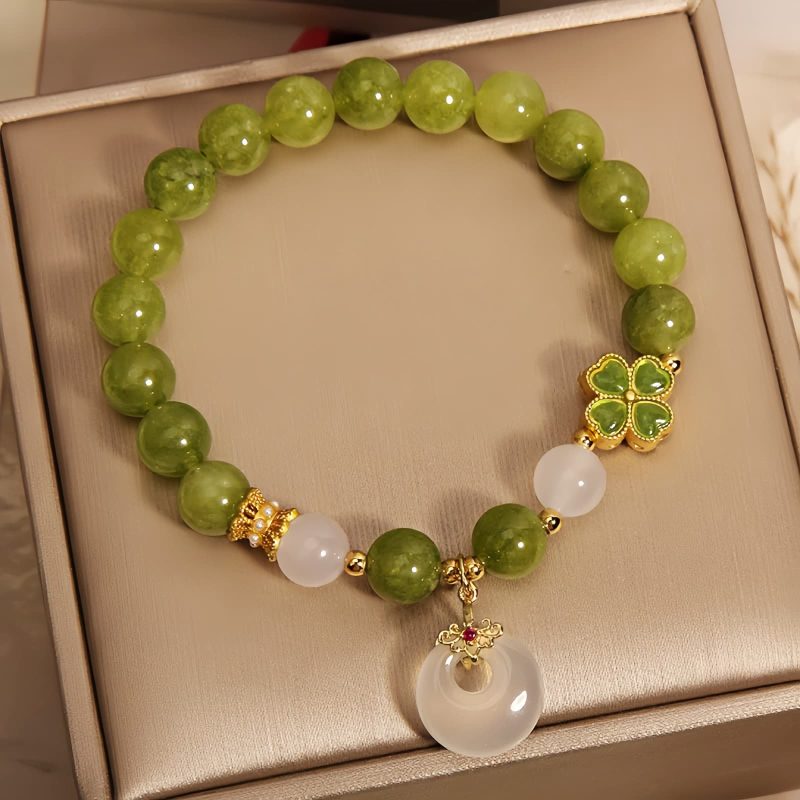 Weisheits-Armband mit grünem Turmalin und Kleeblatt-Symbol Green Tourmaline Four Leaf Clover Wisdom Bracelet
