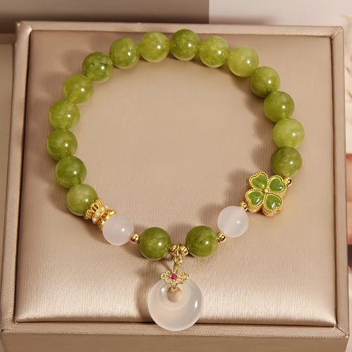 Pulsera de Sabiduría con Trébol de Cuatro Hojas y Turmalina Verde Pulsera de Sabiduría con Trébol de Cuatro Hojas y Turmalina Verde