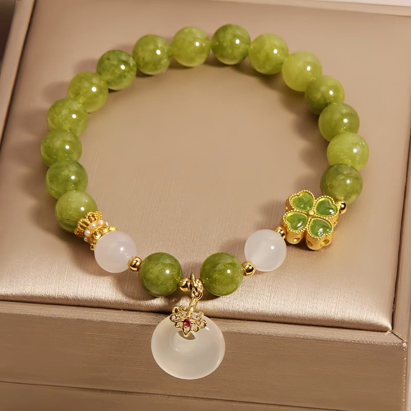 Weisheits-Armband mit grünem Turmalin und Kleeblatt-Symbol Green Tourmaline Four Leaf Clover Wisdom Bracelet
