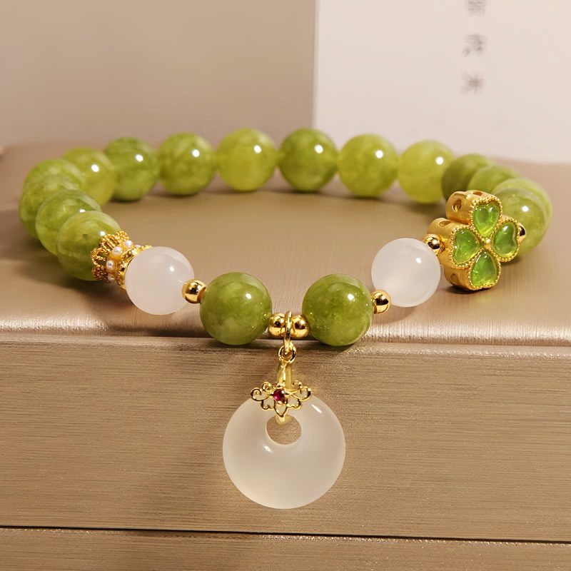 Weisheits-Armband mit grünem Turmalin und Kleeblatt-Symbol Green Tourmaline Four Leaf Clover Wisdom Bracelet