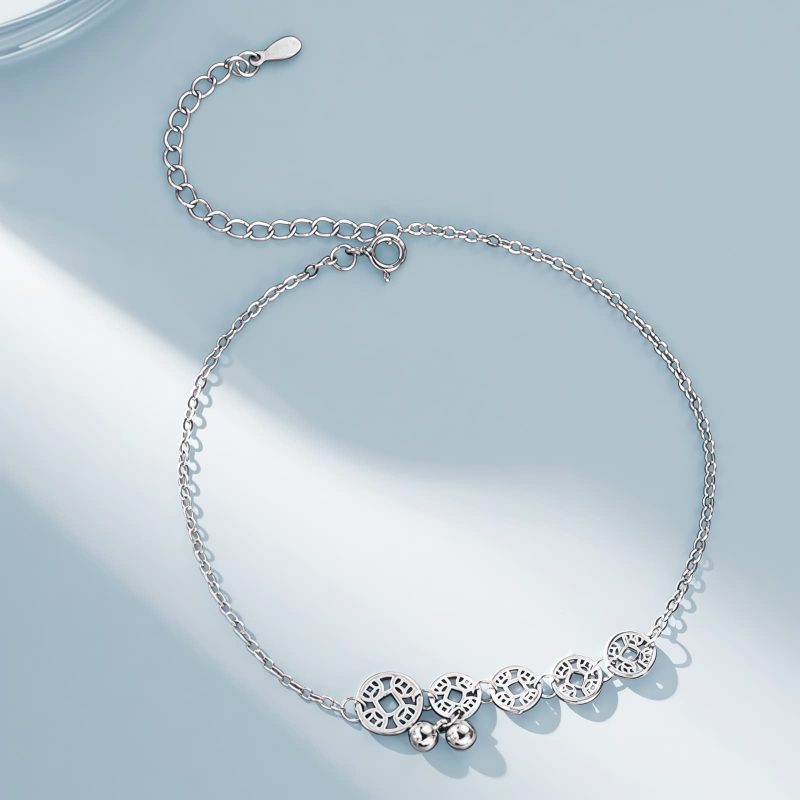 チベット伝統 厄除け・金運 925シルバー アンクレット(古銭&ターコイズ) Tibetan 925 Silver Protection Anklet with Copper Coins