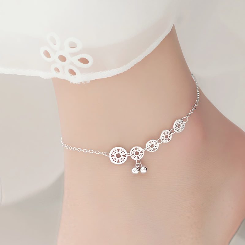 チベット伝統 厄除け・金運 925シルバー アンクレット(古銭&ターコイズ) Tibetan 925 Silver Protection Anklet with Copper Coins