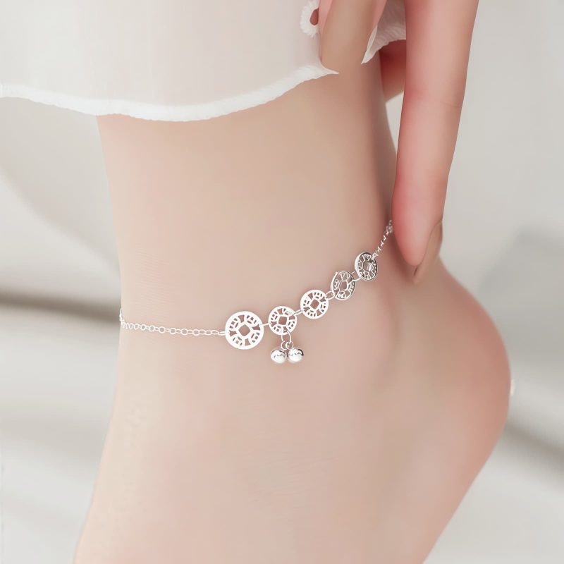 チベット伝統 厄除け・金運 925シルバー アンクレット(古銭&ターコイズ) Tibetan 925 Silver Protection Anklet with Copper Coins