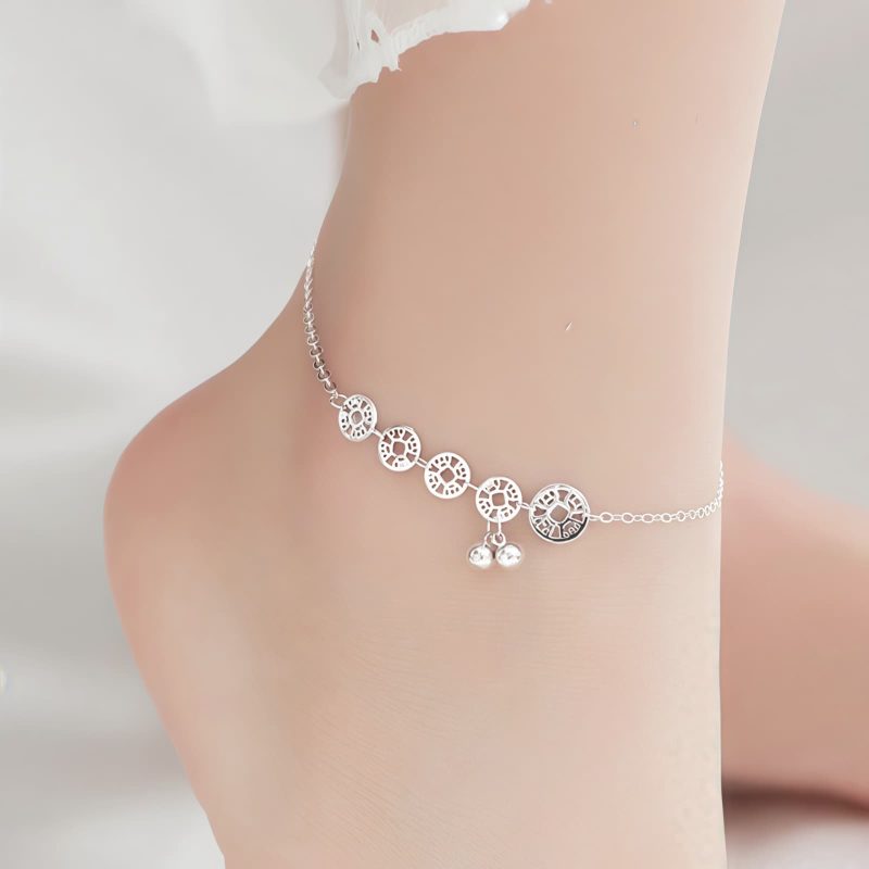 チベット伝統 厄除け・金運 925シルバー アンクレット(古銭&ターコイズ) Tibetan 925 Silver Protection Anklet with Copper Coins