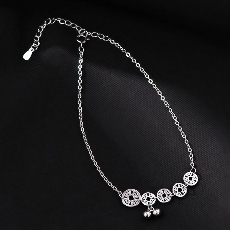 チベット伝統 厄除け・金運 925シルバー アンクレット(古銭&ターコイズ) Tibetan 925 Silver Protection Anklet with Copper Coins