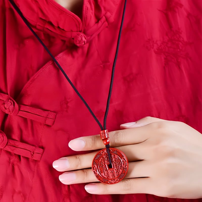 Collar con Colgante de Bagua en Cinabrio Natural Natural Cinnabar Bagua Blessing Pendant Necklace