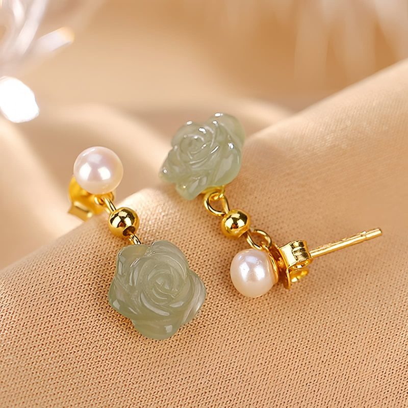 925 Silver Plated Gold Jade Flower Earrings 925 Silver Plated Gold Jade Flower Earrings