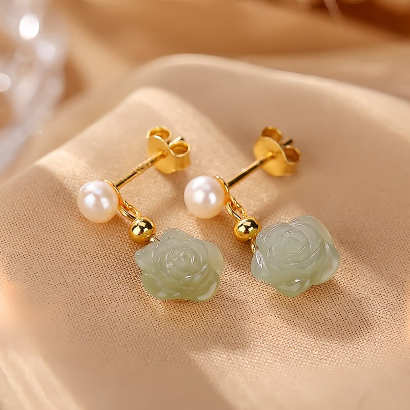 925 Silver Plated Gold Jade Flower Earrings 925 Silver Plated Gold Jade Flower Earrings