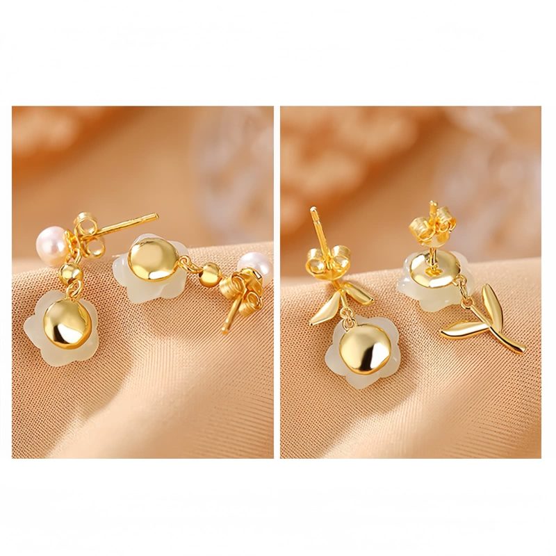 925 Silver Plated Gold Jade Flower Earrings 925 Silver Plated Gold Jade Flower Earrings
