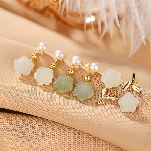 925 Silver Plated Gold Jade Flower Earrings
