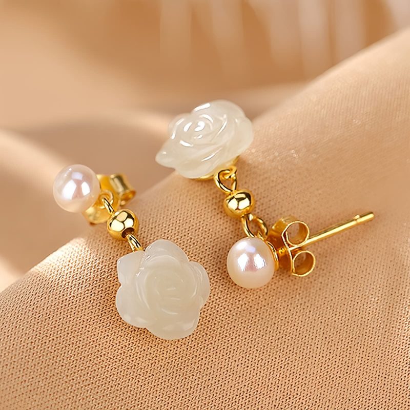 925 Silver Plated Gold Jade Flower Earrings 925 Silver Plated Gold Jade Flower Earrings