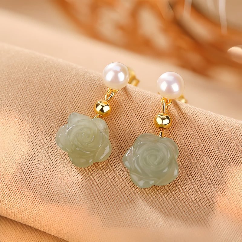 925 Silver Plated Gold Jade Flower Earrings 925 Silver Plated Gold Jade Flower Earrings