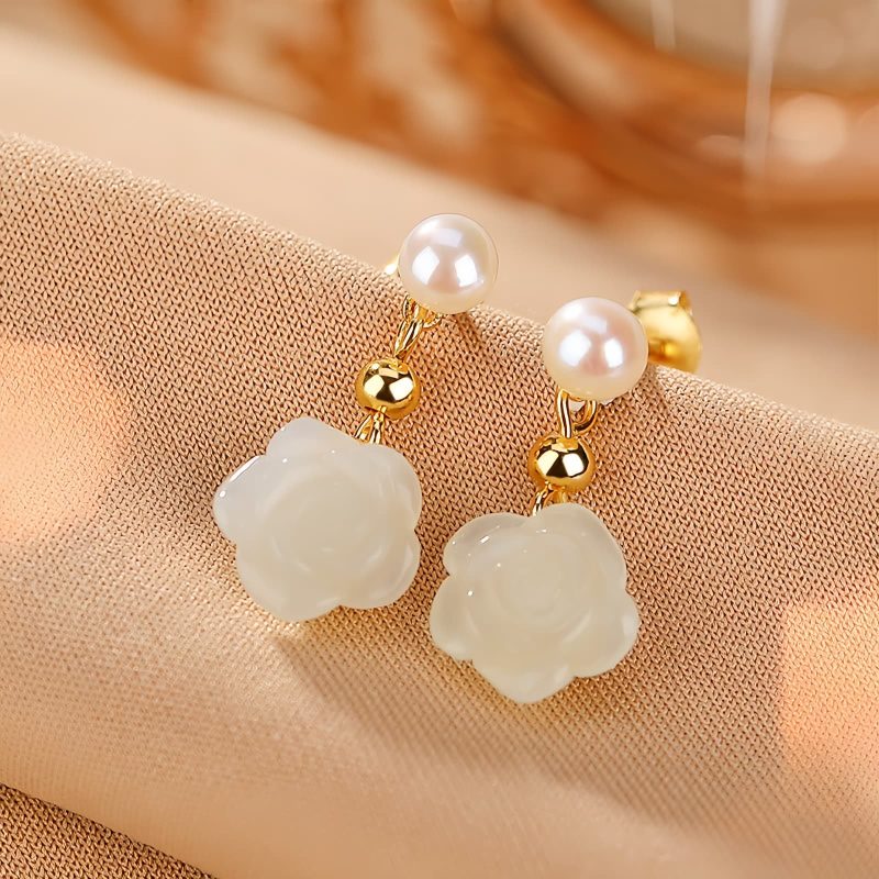 925 Silver Plated Gold Jade Flower Earrings 925 Silver Plated Gold Jade Flower Earrings