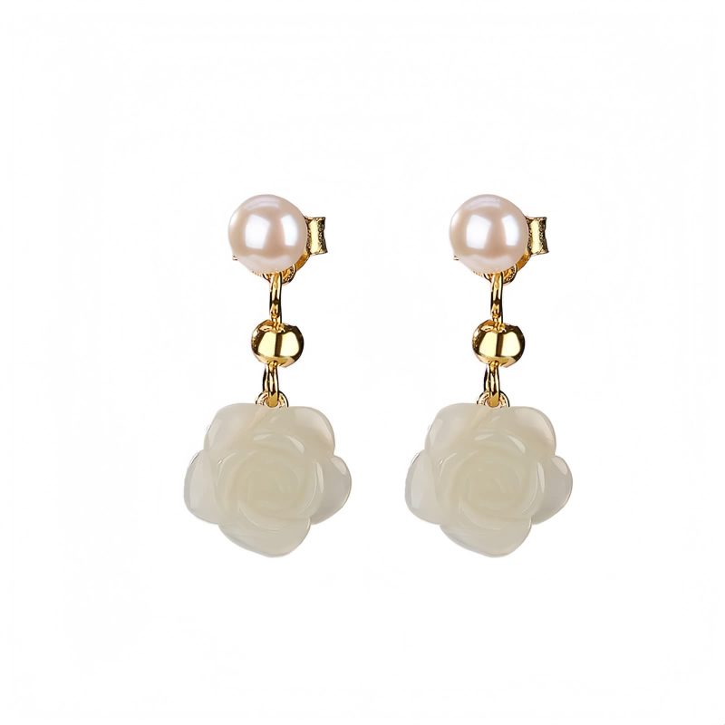 925 Silver Plated Gold Jade Flower Earrings 925 Silver Plated Gold Jade Flower Earrings