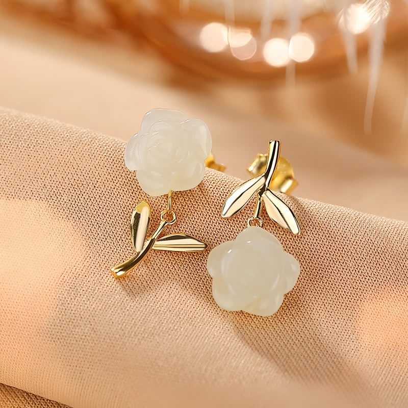 925 Silver Plated Gold Jade Flower Earrings 925 Silver Plated Gold Jade Flower Earrings