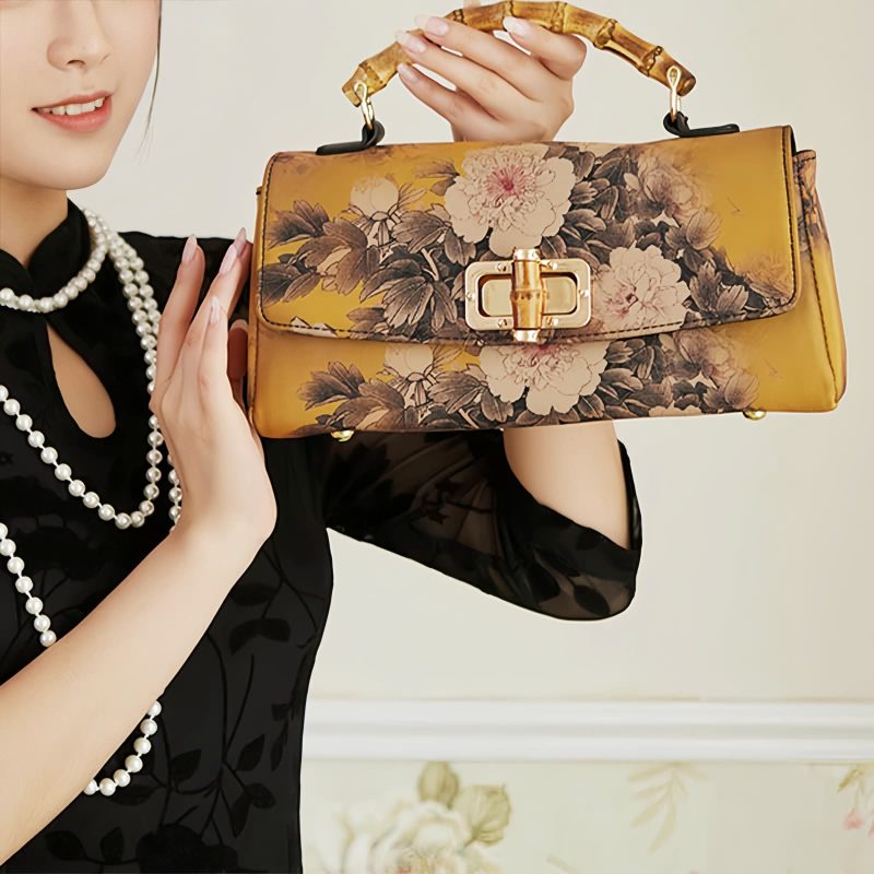 Umhängetasche mit Blumenmuster und Bambusgriff Flower Pattern Bamboo Handle Crossbody Bag