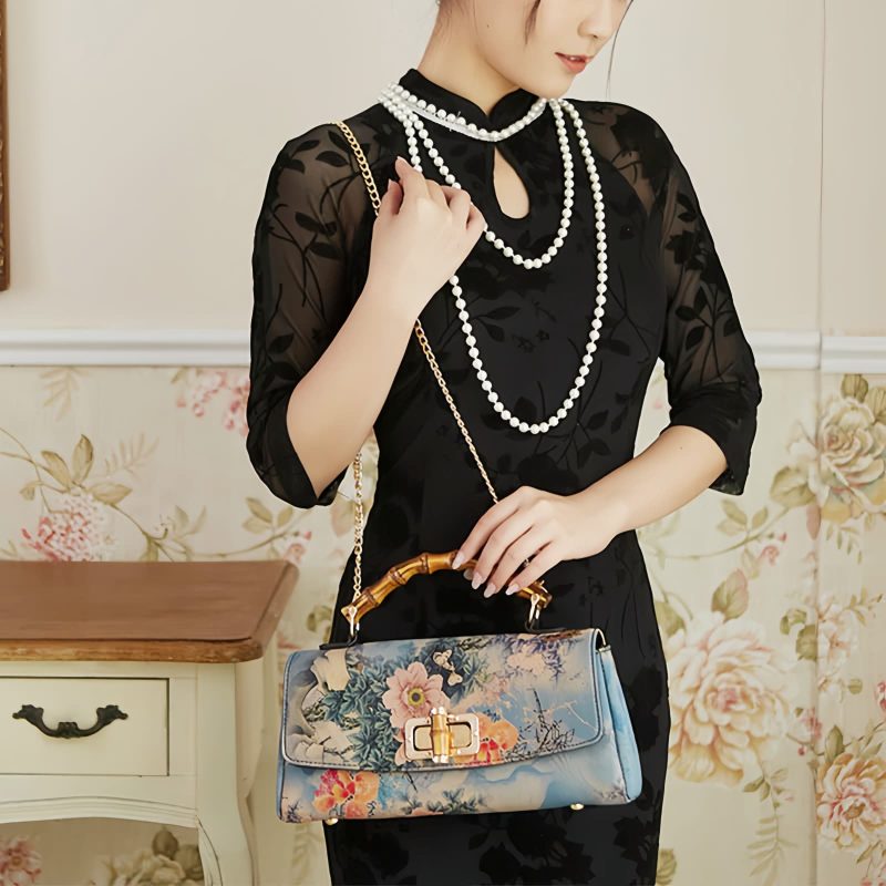 Umhängetasche mit Blumenmuster und Bambusgriff Flower Pattern Bamboo Handle Crossbody Bag