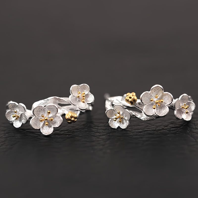Pendientes de Flor de Ciruelo en Plata 925 925 Silver Plum Blossom Blessing Earrings