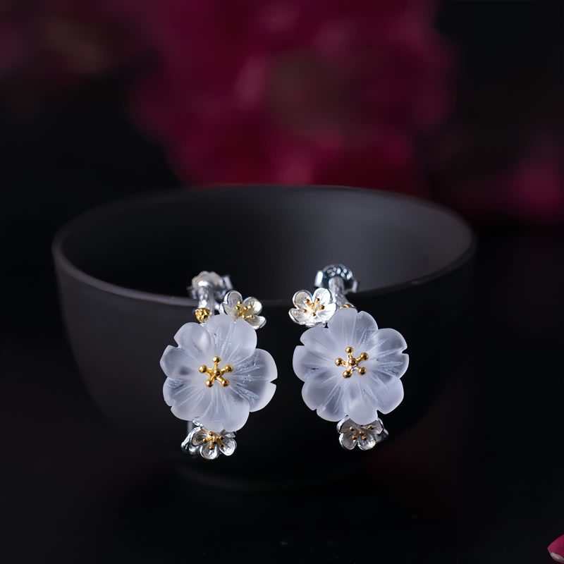 Pendientes de Flor de Ciruelo en Plata 925 925 Silver Plum Blossom Blessing Earrings