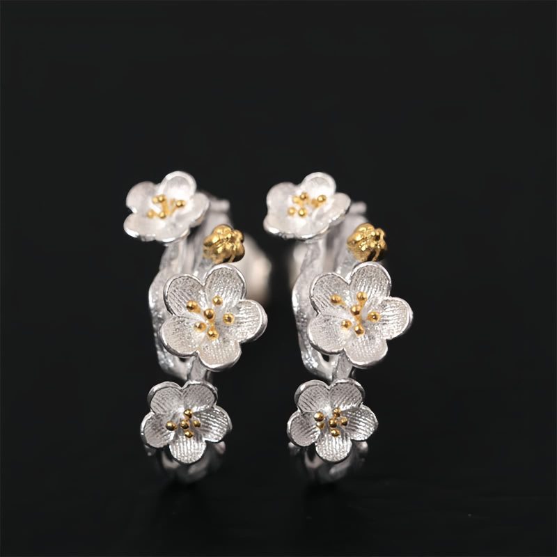 Pendientes de Flor de Ciruelo en Plata 925 925 Silver Plum Blossom Blessing Earrings