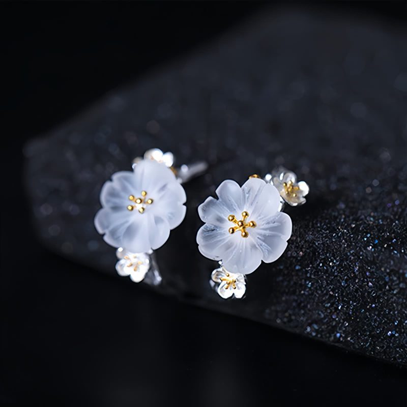Pendientes de Flor de Ciruelo en Plata 925 925 Silver Plum Blossom Blessing Earrings