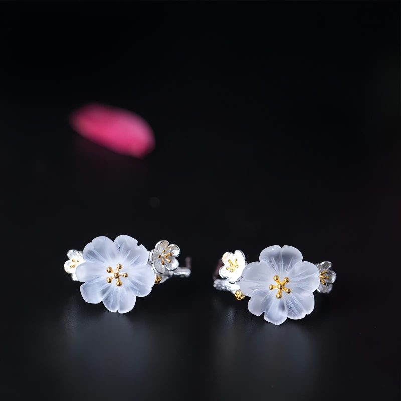 Pendientes de Flor de Ciruelo en Plata 925 925 Silver Plum Blossom Blessing Earrings