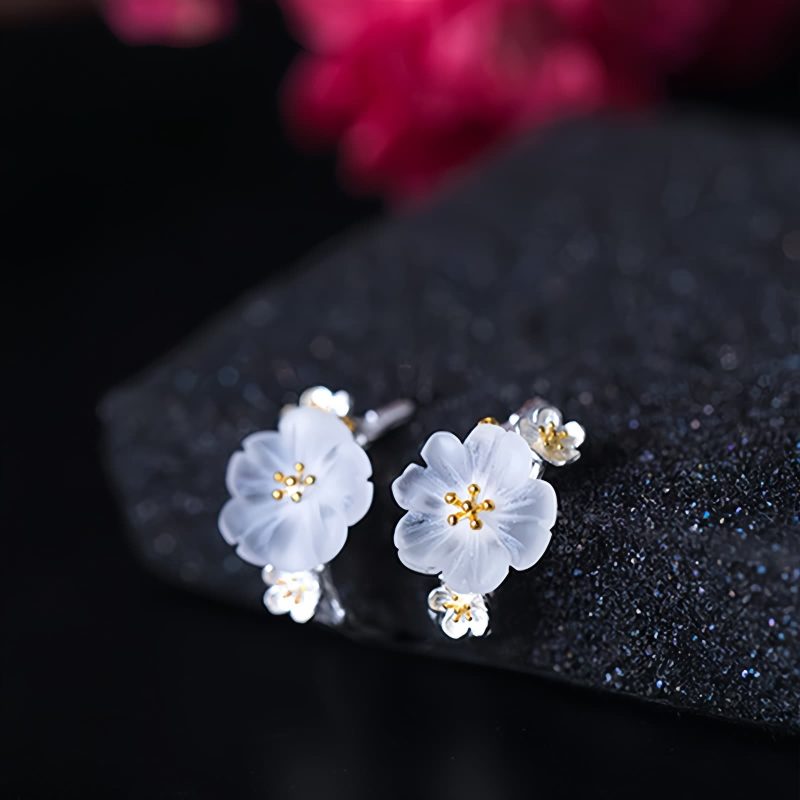 Pendientes de Flor de Ciruelo en Plata 925 925 Silver Plum Blossom Blessing Earrings