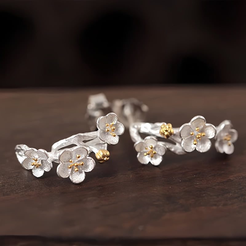 Pendientes de Flor de Ciruelo en Plata 925 925 Silver Plum Blossom Blessing Earrings