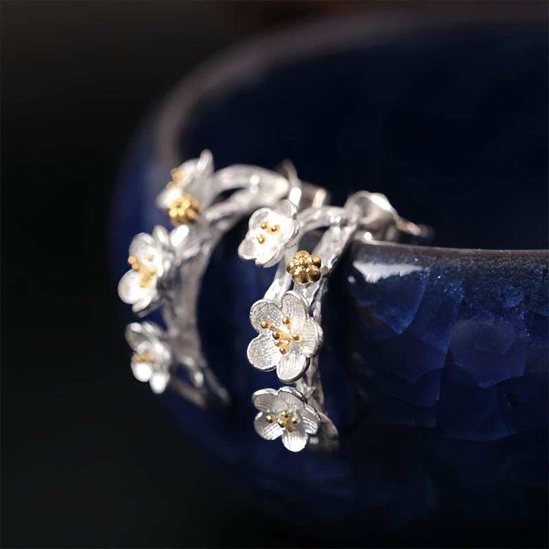 Pendientes de Flor de Ciruelo en Plata 925 925 Silver Plum Blossom Blessing Earrings
