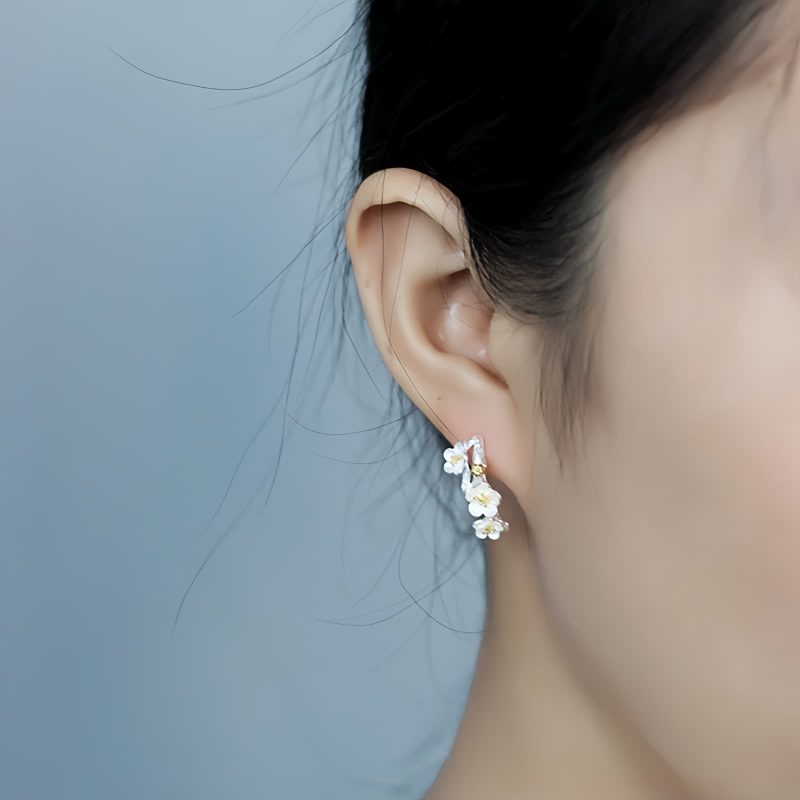Pendientes de Flor de Ciruelo en Plata 925 925 Silver Plum Blossom Blessing Earrings