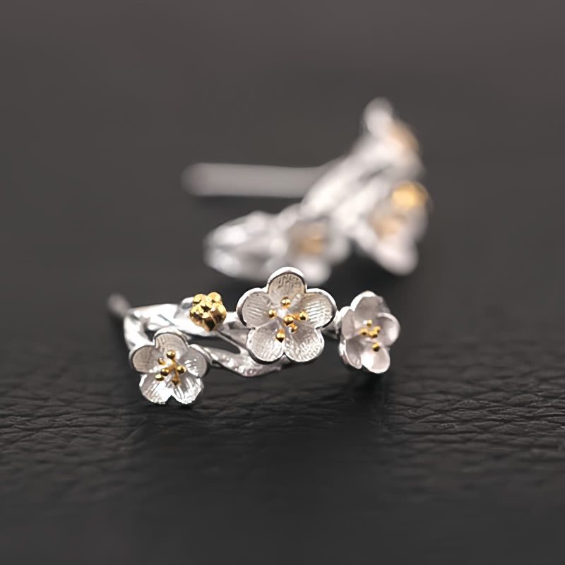 Pendientes de Flor de Ciruelo en Plata 925 925 Silver Plum Blossom Blessing Earrings
