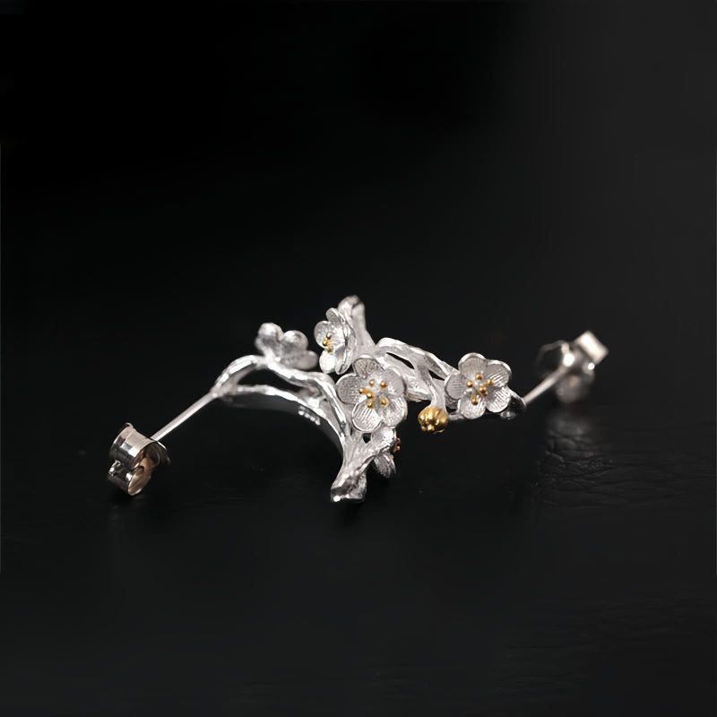 Pendientes de Flor de Ciruelo en Plata 925 925 Silver Plum Blossom Blessing Earrings