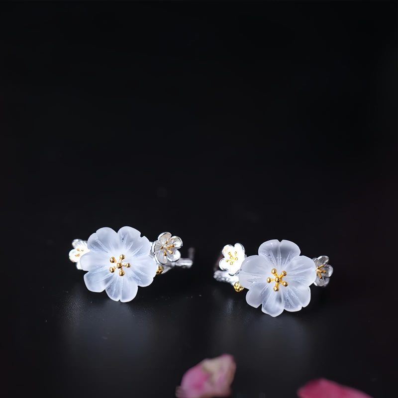 Pendientes de Flor de Ciruelo en Plata 925 925 Silver Plum Blossom Blessing Earrings