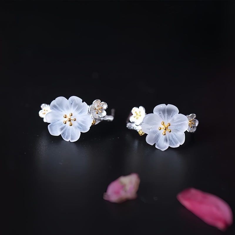 Pendientes de Flor de Ciruelo en Plata 925 925 Silver Plum Blossom Blessing Earrings