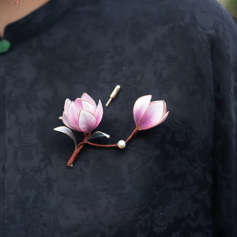 Handmade Mulberry Silk Purple Magnolia Brooch