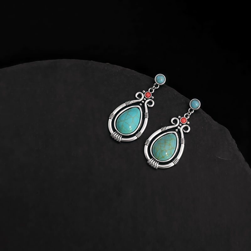 Pendientes Tibetanos de Gota en Turquesa: Esencia Étnica y Carácter Ancestral Tibet Turquoise Waterdrop Dangle Earrings