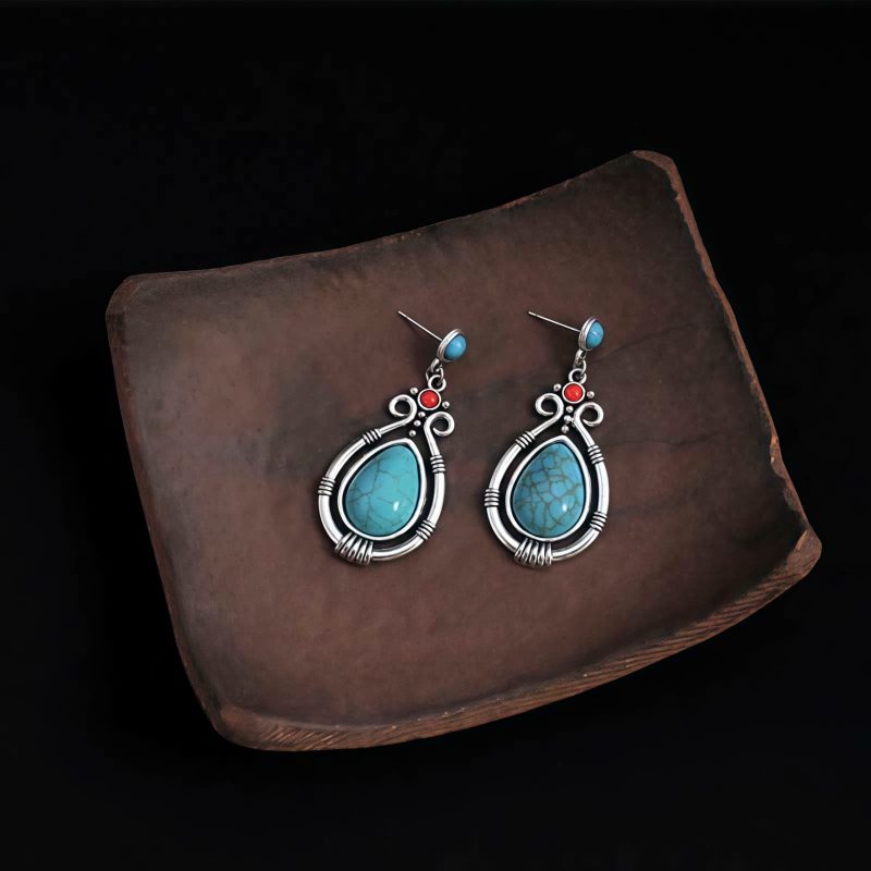 Pendientes Tibetanos de Gota en Turquesa: Esencia Étnica y Carácter Ancestral Tibet Turquoise Waterdrop Dangle Earrings