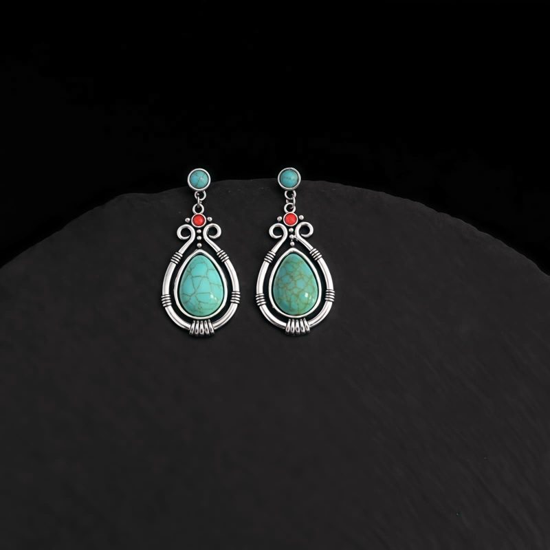 Pendientes Tibetanos de Gota en Turquesa: Esencia Étnica y Carácter Ancestral Tibet Turquoise Waterdrop Dangle Earrings