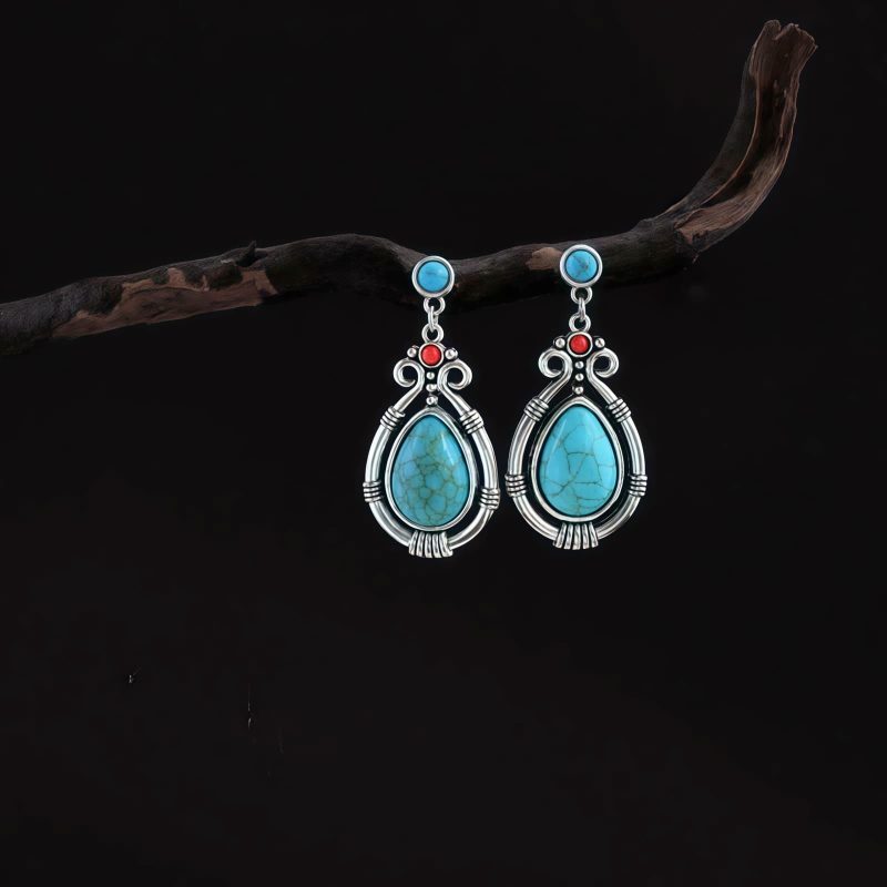 Pendientes Tibetanos de Gota en Turquesa: Esencia Étnica y Carácter Ancestral Tibet Turquoise Waterdrop Dangle Earrings