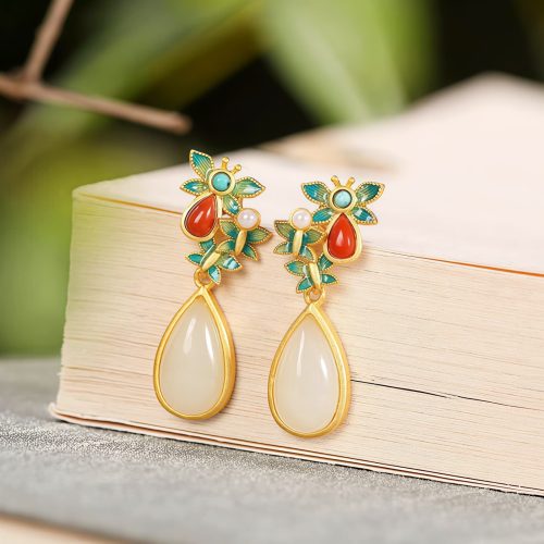 White Jade Red Agate Butterfly Dangle Earrings